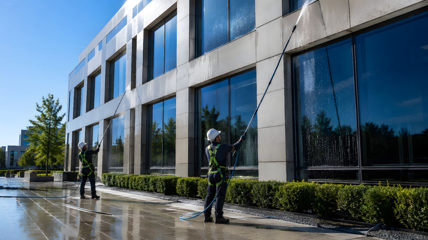 Two workers in safety gear cleaning large glass windows of a modern office building with water spray