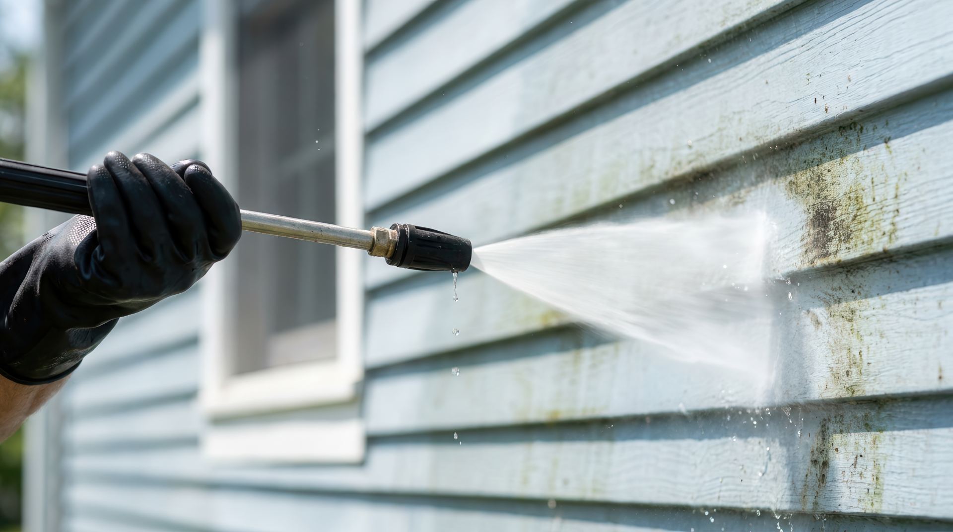 Worker in black gloves pressure washing vinyl siding with a spray nozzle