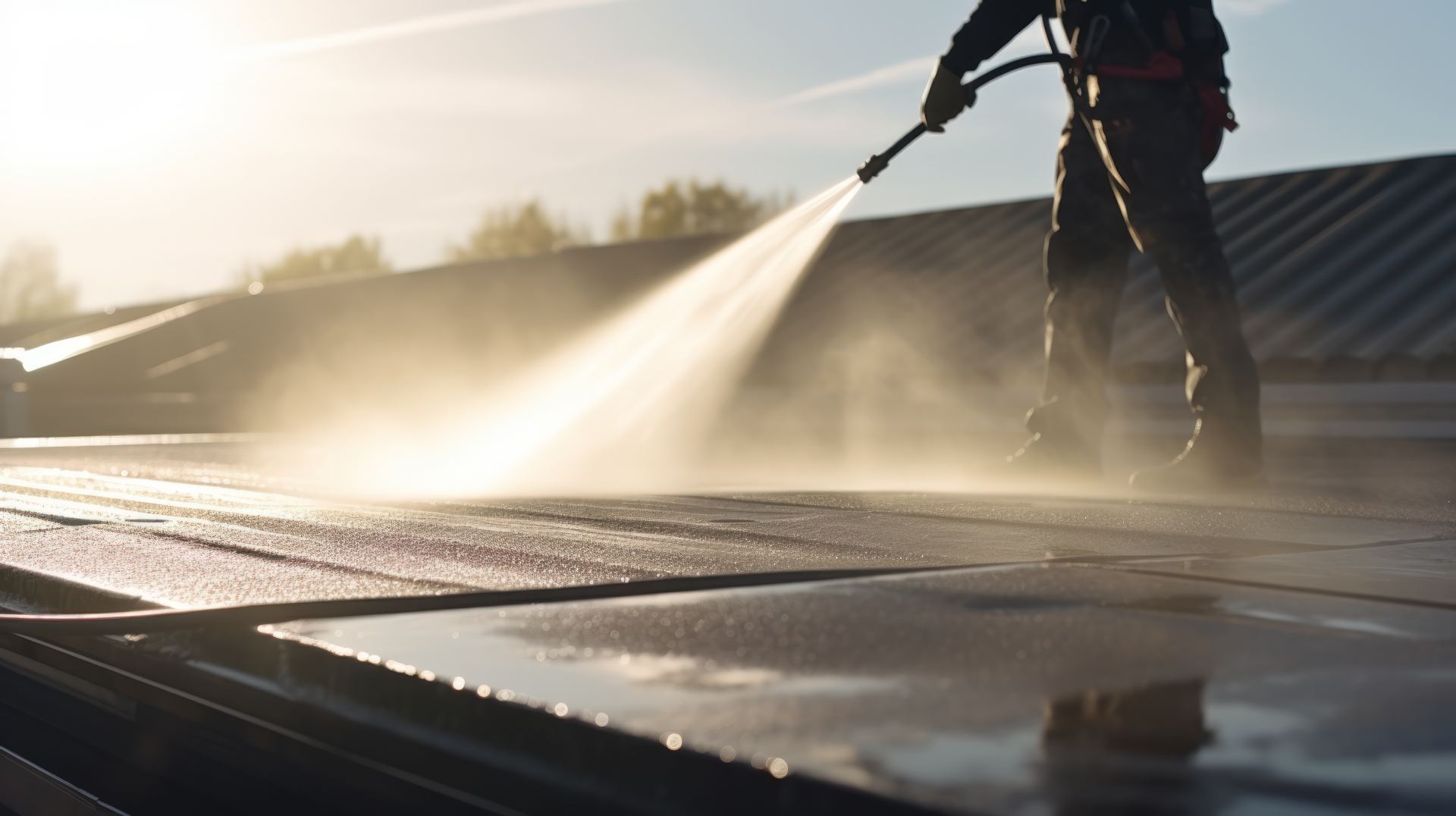 Worker pressure washing industrial roof surface with high-pressure water spray