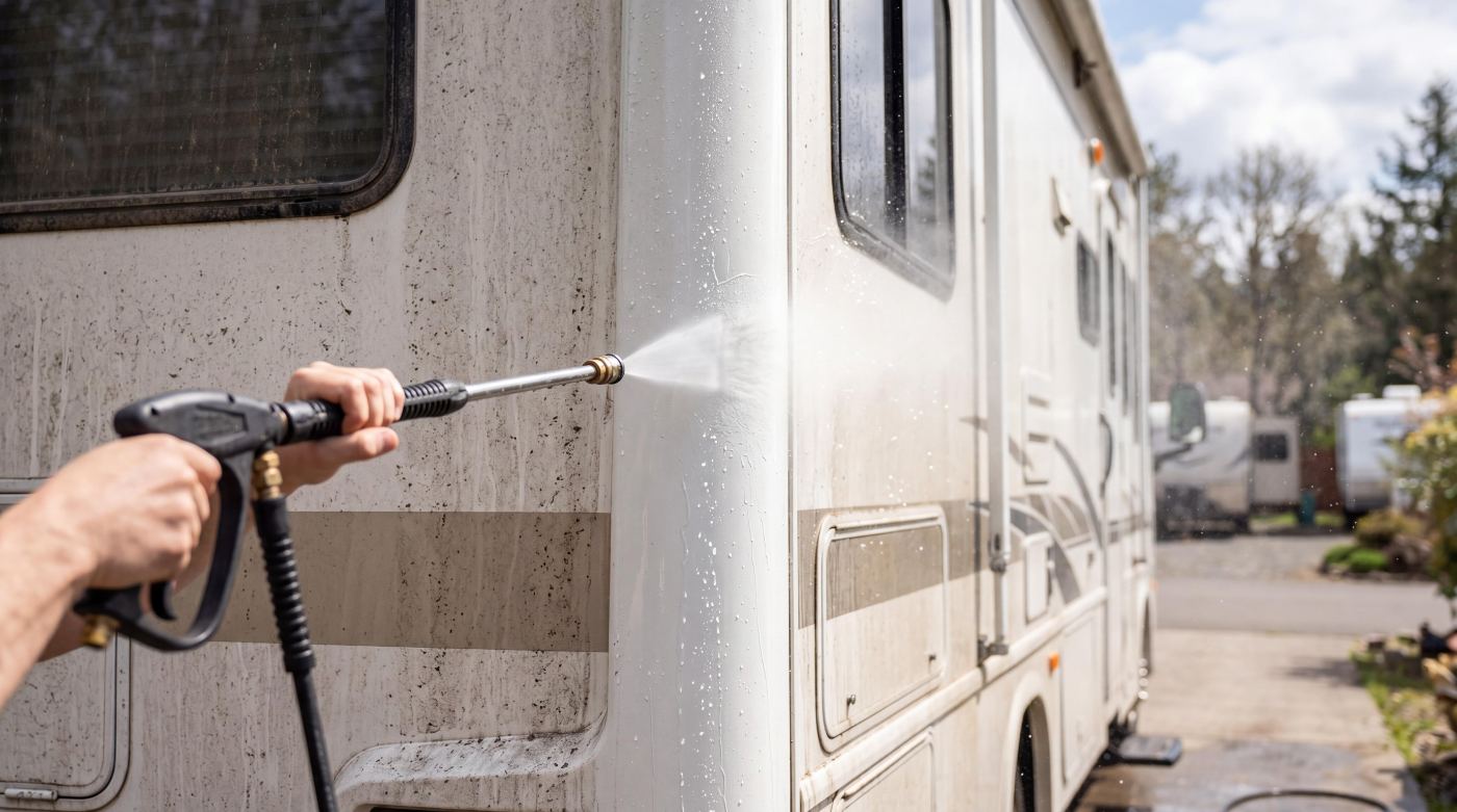 Person pressure washing exterior of RV with hose and spray nozzle