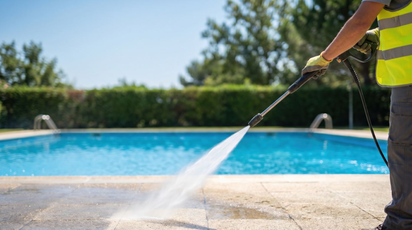 Worker in safety vest pressure washing pool deck with high-pressure water spray
