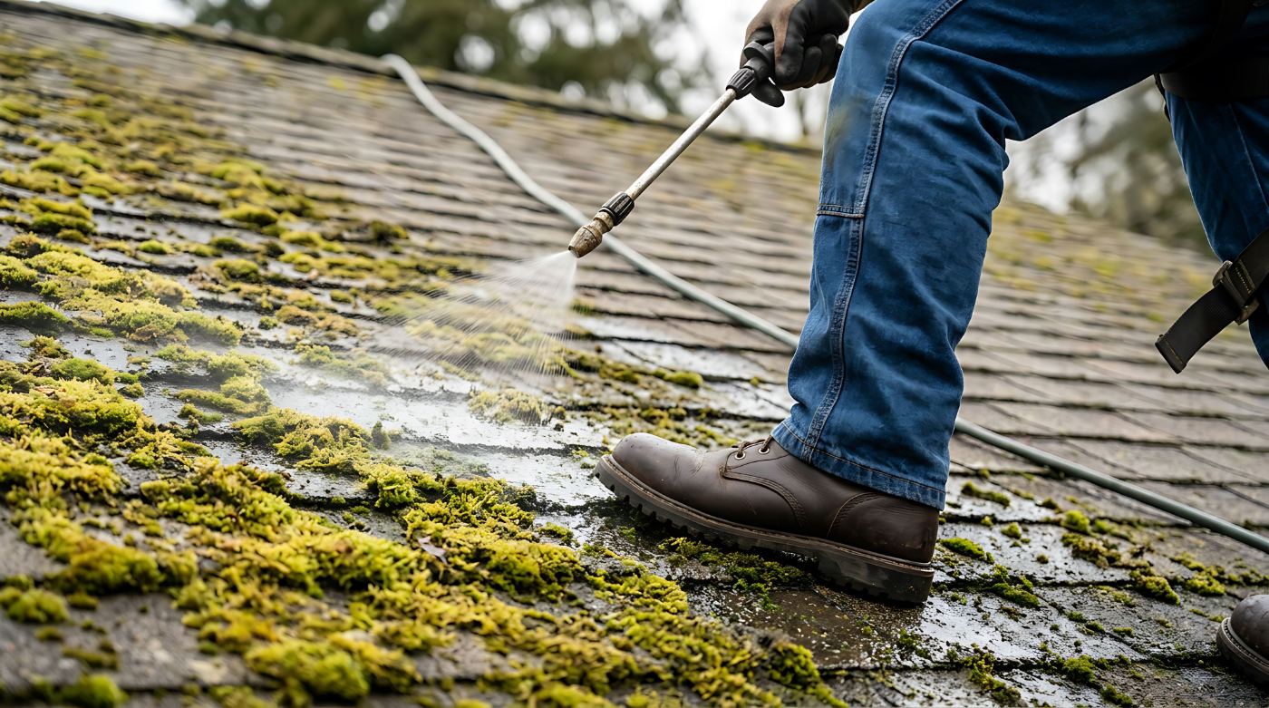 Worker using pressure washer to clean moss from roof shingles