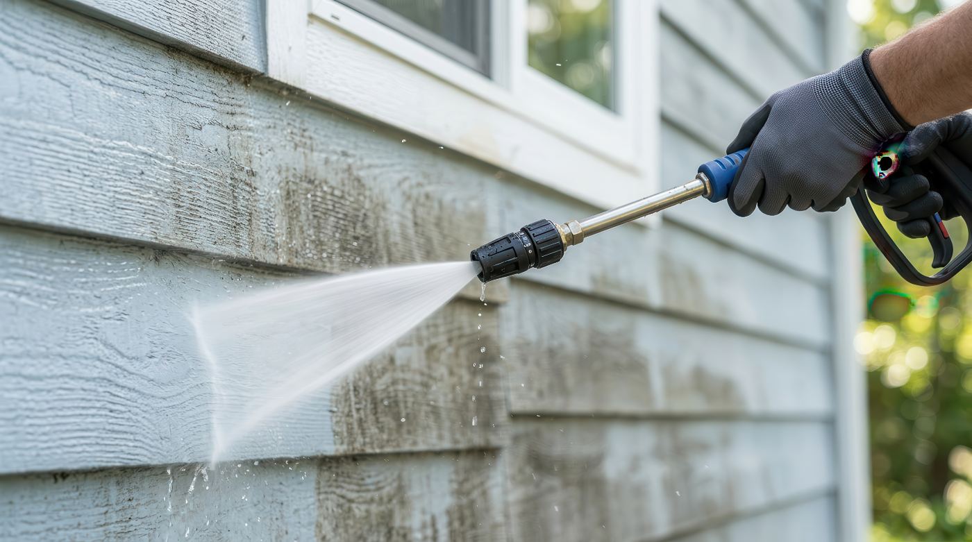 Worker pressure washing house siding with high-pressure water spray