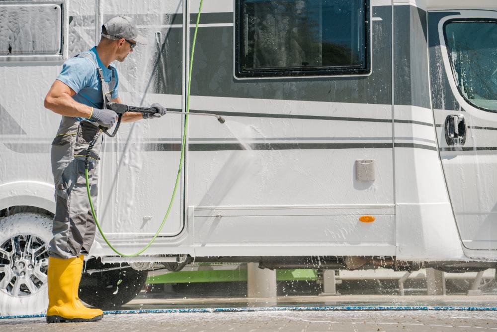 Worker pressure washing an RV with green hose and yellow boots