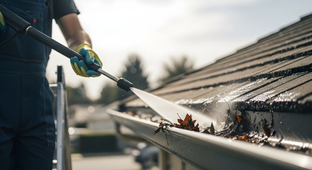 Worker in gloves cleaning gutters with water spray, removing leaves and debris